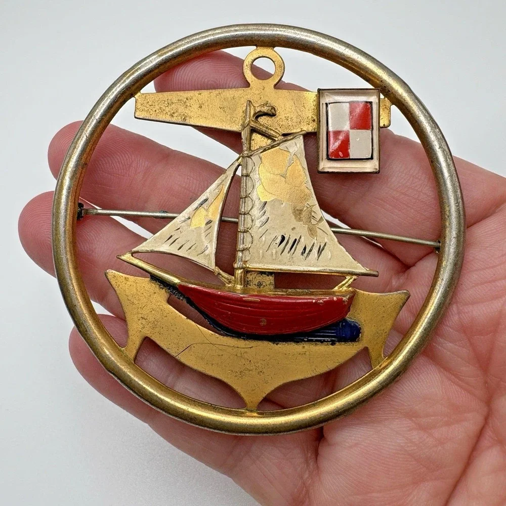 Vintage Sailboat Brooch Anchor Nautical Sail Enamel Ocean Seas Gold Tone READ